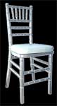 white chiavari chair rental with white chivary chair pad